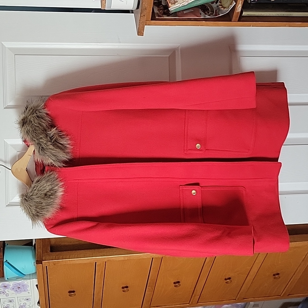 JCrew Red Hooded Jacket Fur Trim